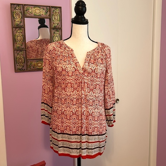 Ava Christine V-Neck Tunic Peasant Boho Flowy 3/4 Sleeve Multicolor Size Lg - Picture 1 of 14